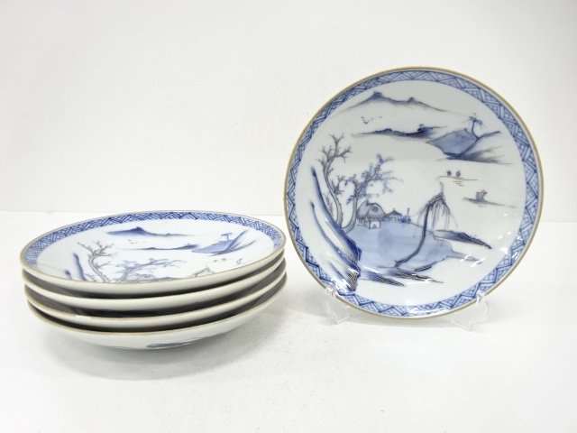 Kutani ware of a set of five eight-sided plates, landscape